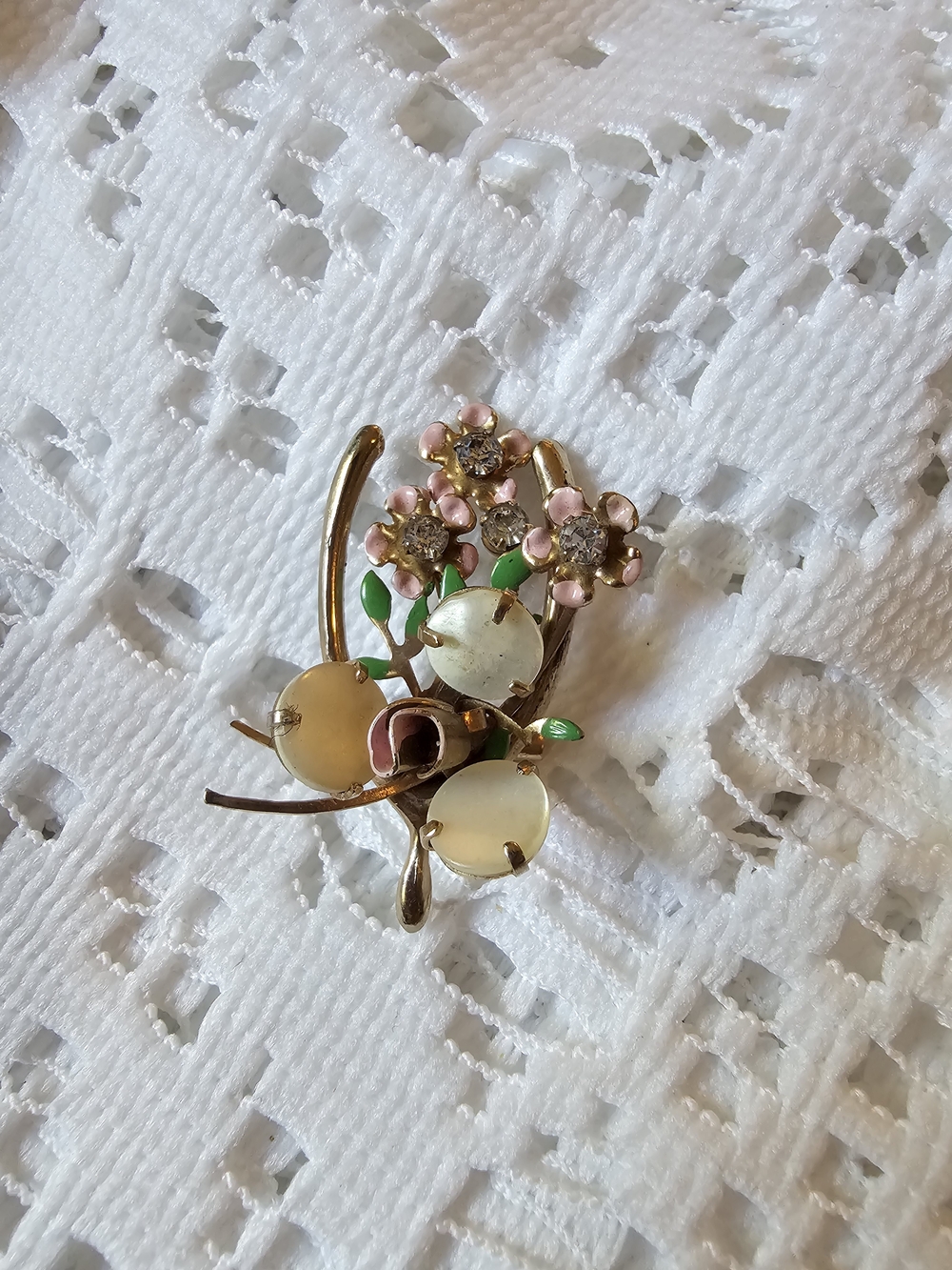 Vintage Mid-Century Mother of Pearl & Enamel Floral Spray Brooch Pin, Unsigned